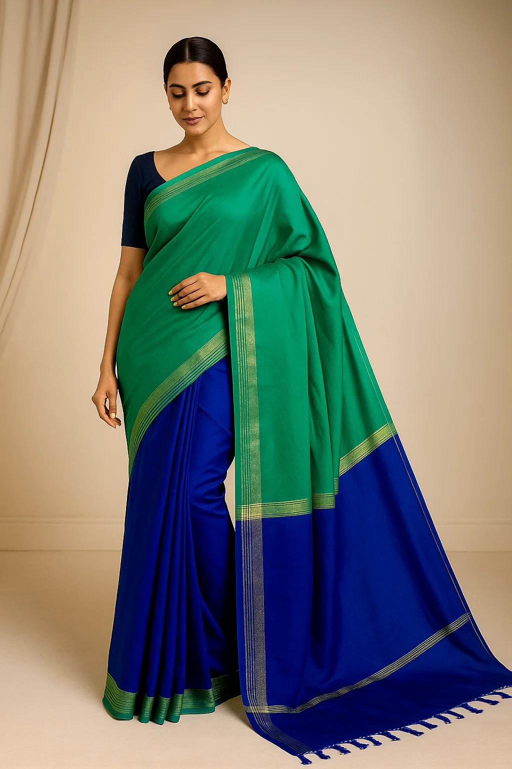 Navy Blue and Emerald Green Silk Saree with Gold Zari Border