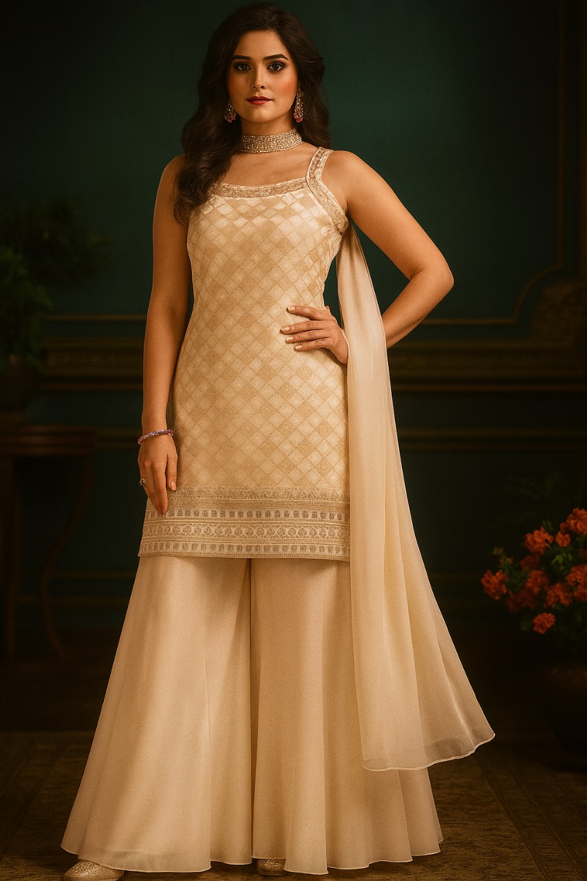 Champagne Gold Sharara Suit Set for Women – Elegant Embroidered Kurta with Dupatta