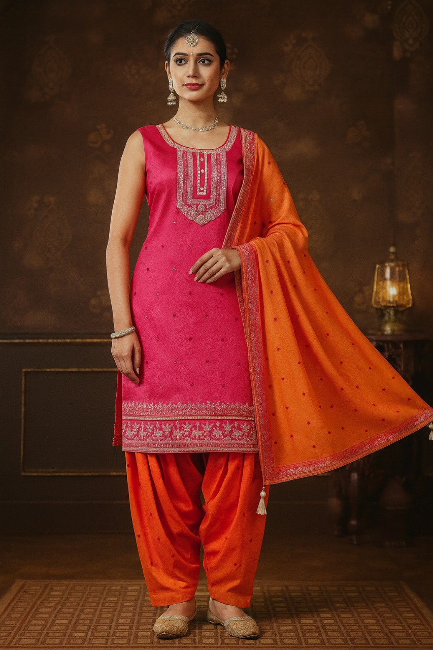 Rani Pink and Tangerine Embroidered Patiala Suit Set – Festive Kurta with Contrast Dupatta