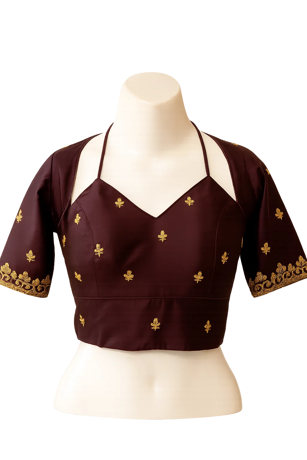 Designer Wine Embroidered Silk Padded Saree Blouse with Back Dori