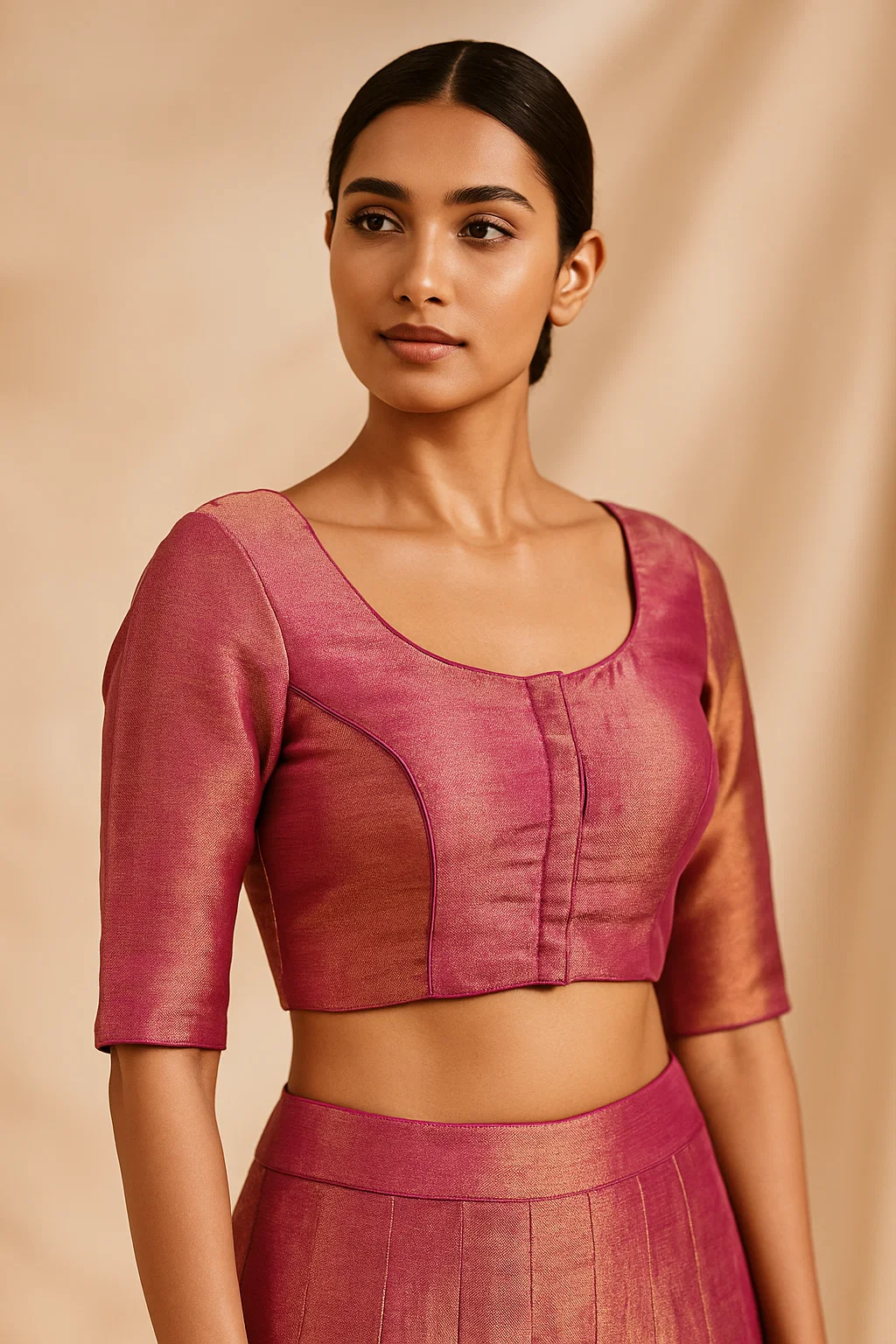 Premium Rani Pink Silk Padded Saree Blouse with Scoop Neck & Elbow Sleeves