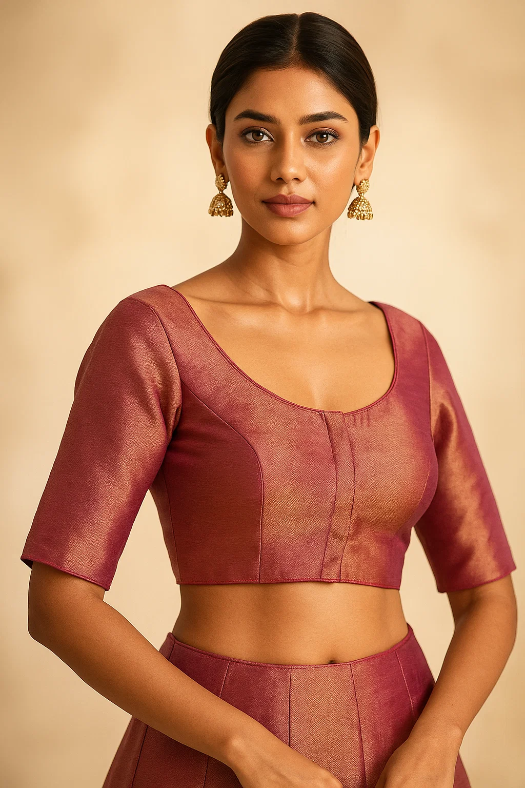 Premium Rani Pink Silk Padded Saree Blouse with Scoop Neck & Elbow Sleeves