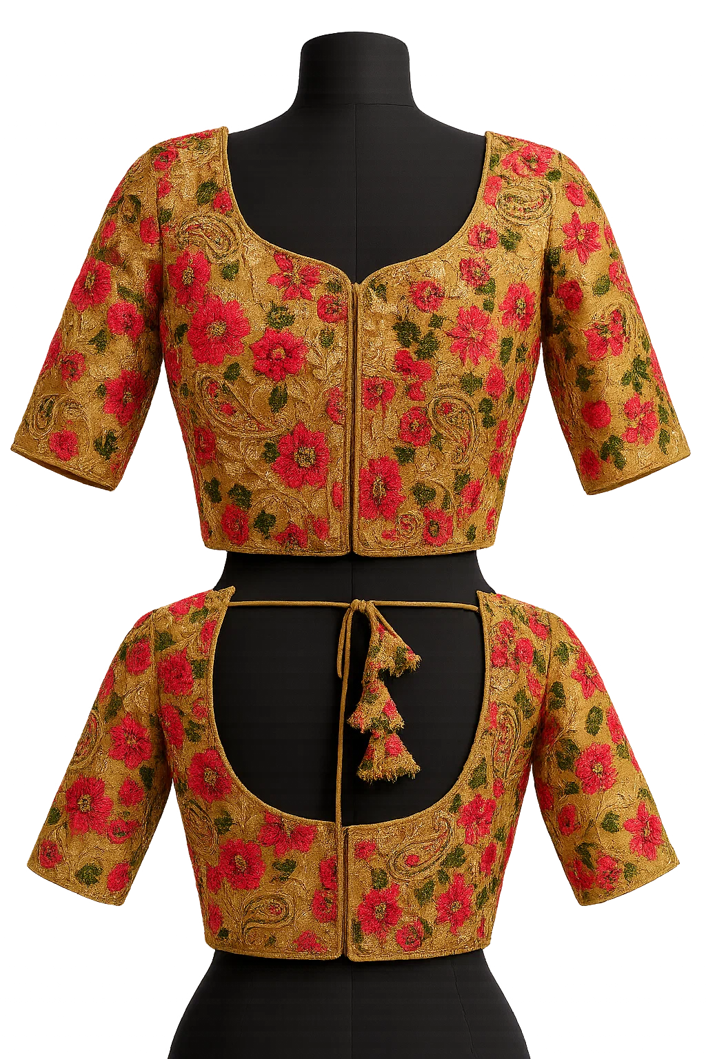 Mustard Floral Heavy Embroidered Silk Padded Saree Blouse with Front Hook & Elbow Sleeves