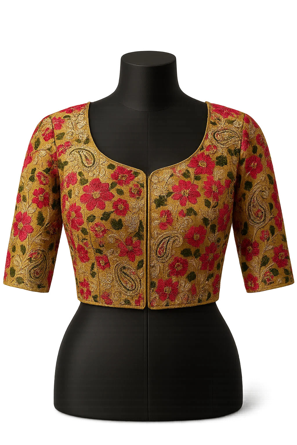 Mustard Floral Heavy Embroidered Silk Padded Saree Blouse with Front Hook & Elbow Sleeves