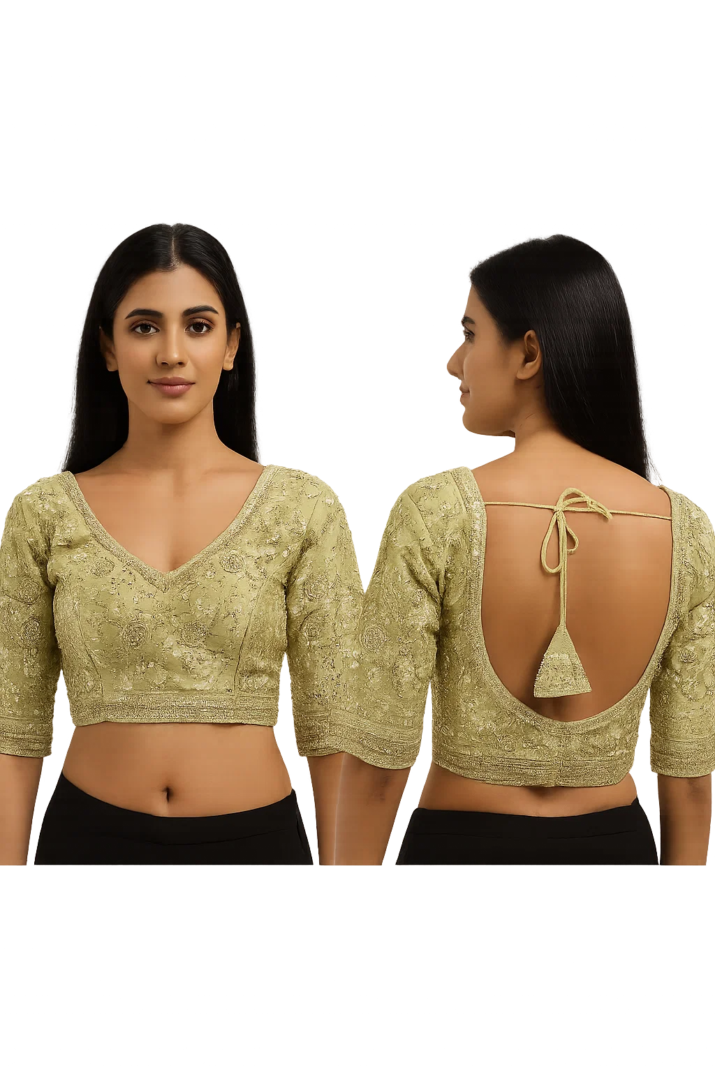 Pastel Green Sequins Embroidered Designer Silk Blouse with Back Dori & Sweetheart Neck