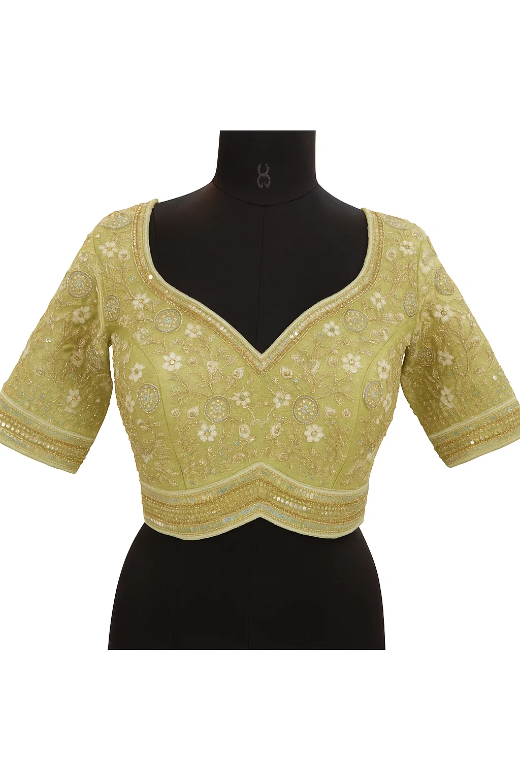 Pastel Green Sequins Embroidered Designer Silk Blouse with Back Dori & Sweetheart Neck