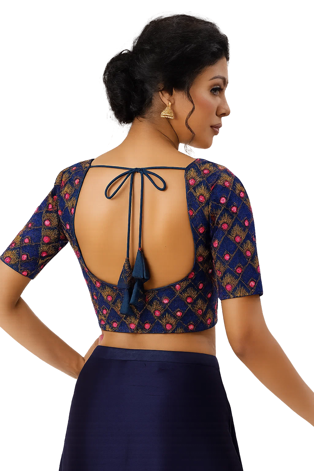 Navy Blue Heavy Embroidered Silk Readymade Designer Blouse with Deep Back & Dori Tie-Up