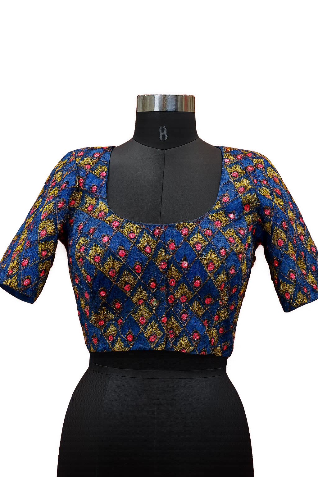 Navy Blue Heavy Embroidered Silk Readymade Designer Blouse with Deep Back & Dori Tie-Up