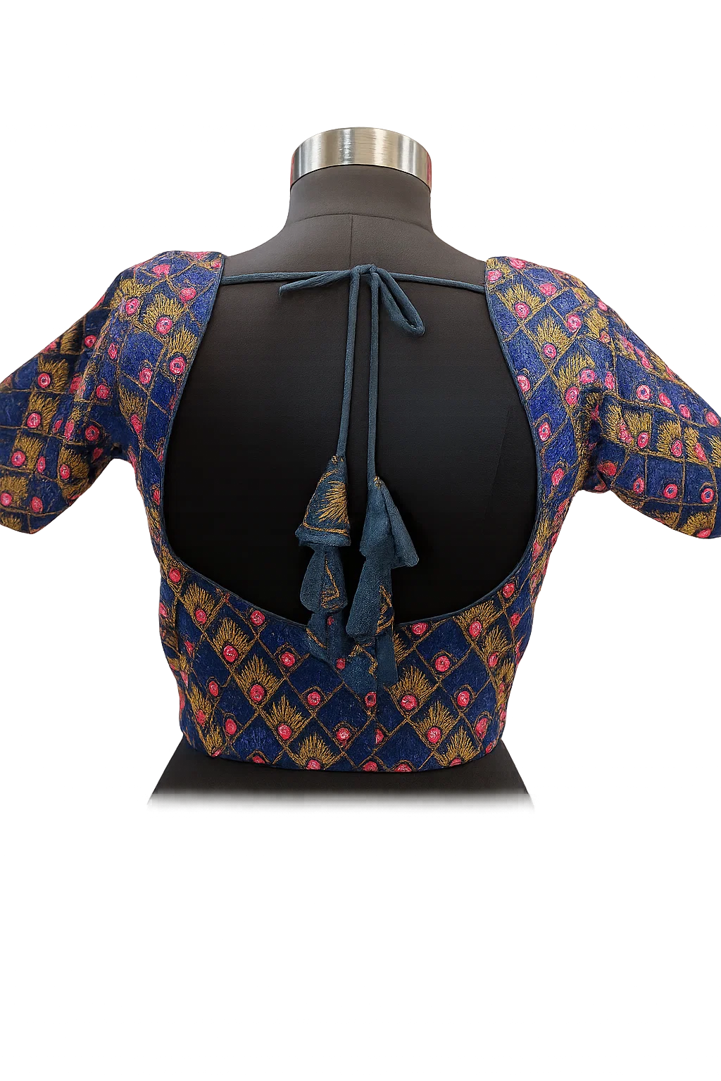 Navy Blue Heavy Embroidered Silk Readymade Designer Blouse with Deep Back & Dori Tie-Up