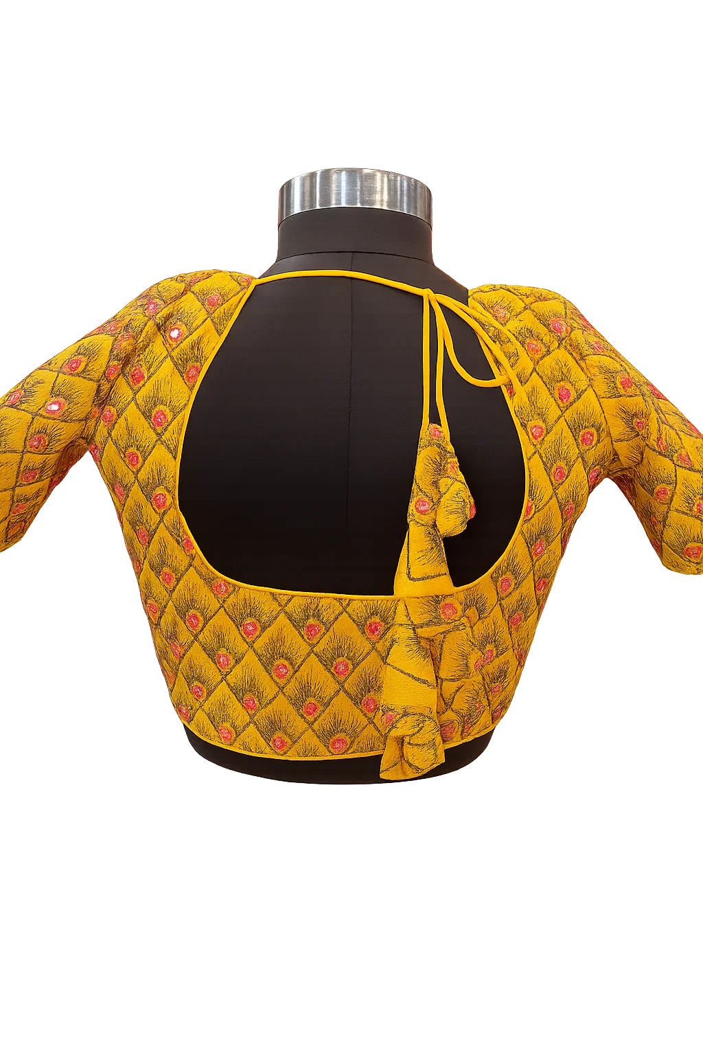 Mustard Yellow Heavy Embroidered Silk Readymade Designer Blouse with Deep Back & Dori Tie-Up