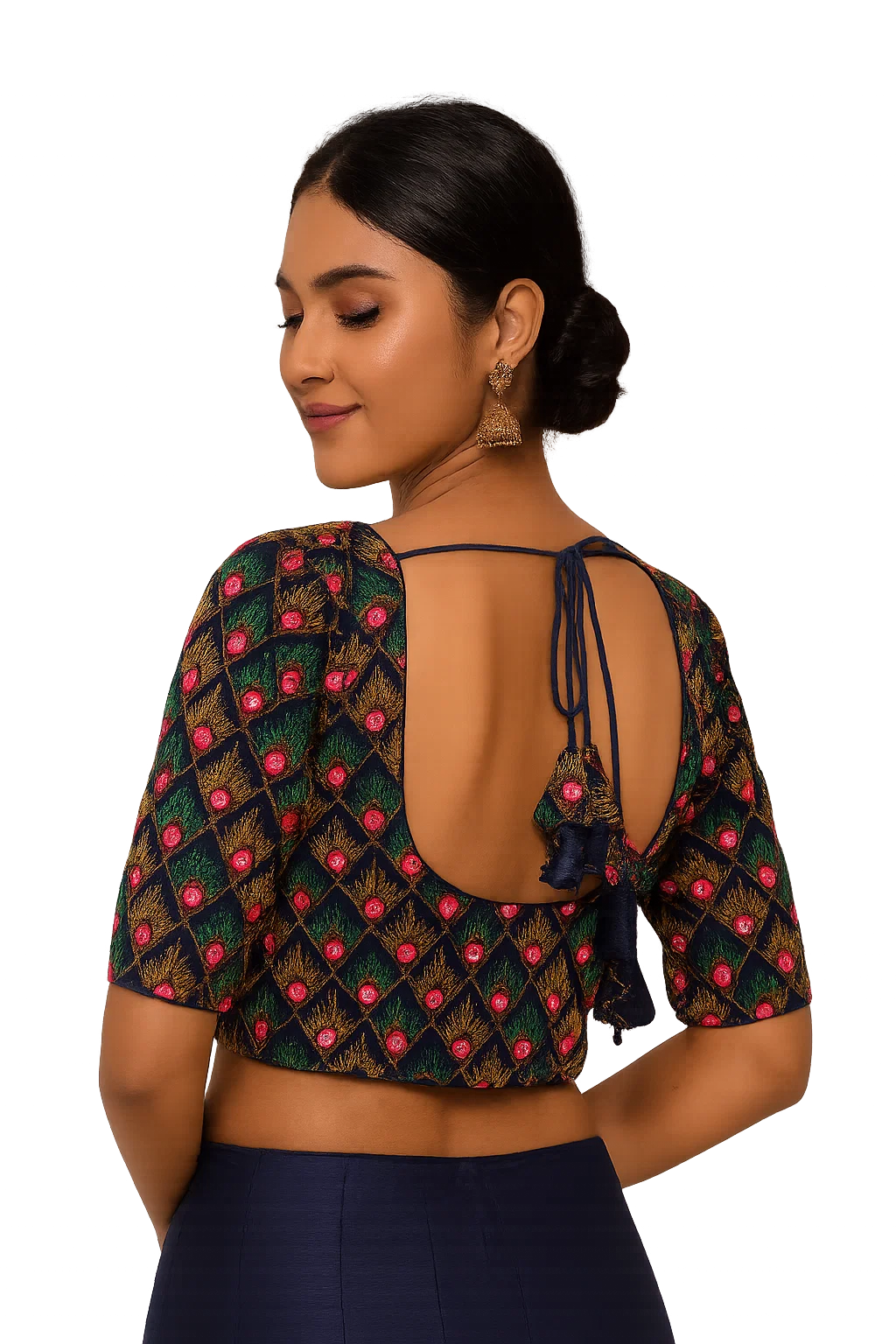 Navy Blue Embroidered Backless Designer Blouse with Tassel Tie-Up