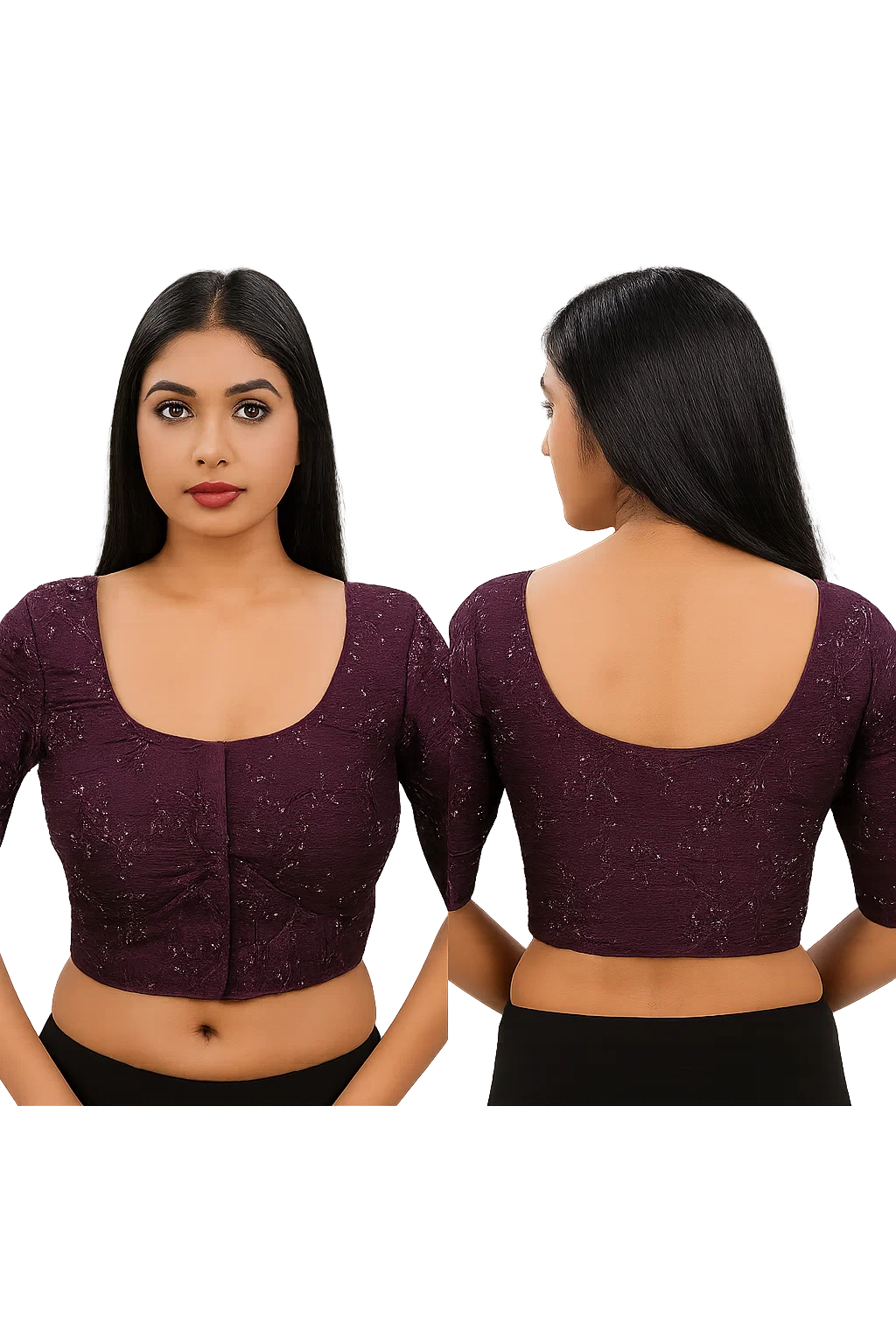Deep Wine Textured Designer Blouse with Scoop Neck & Half Sleeves