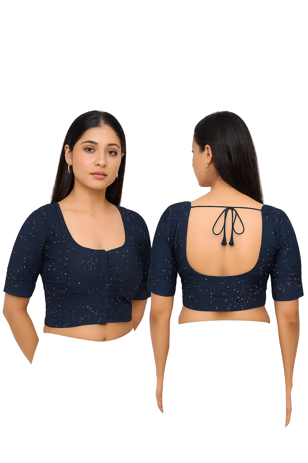 Navy Blue Textured Sequined Designer Blouse with Scoop Neck & Half Sleeves