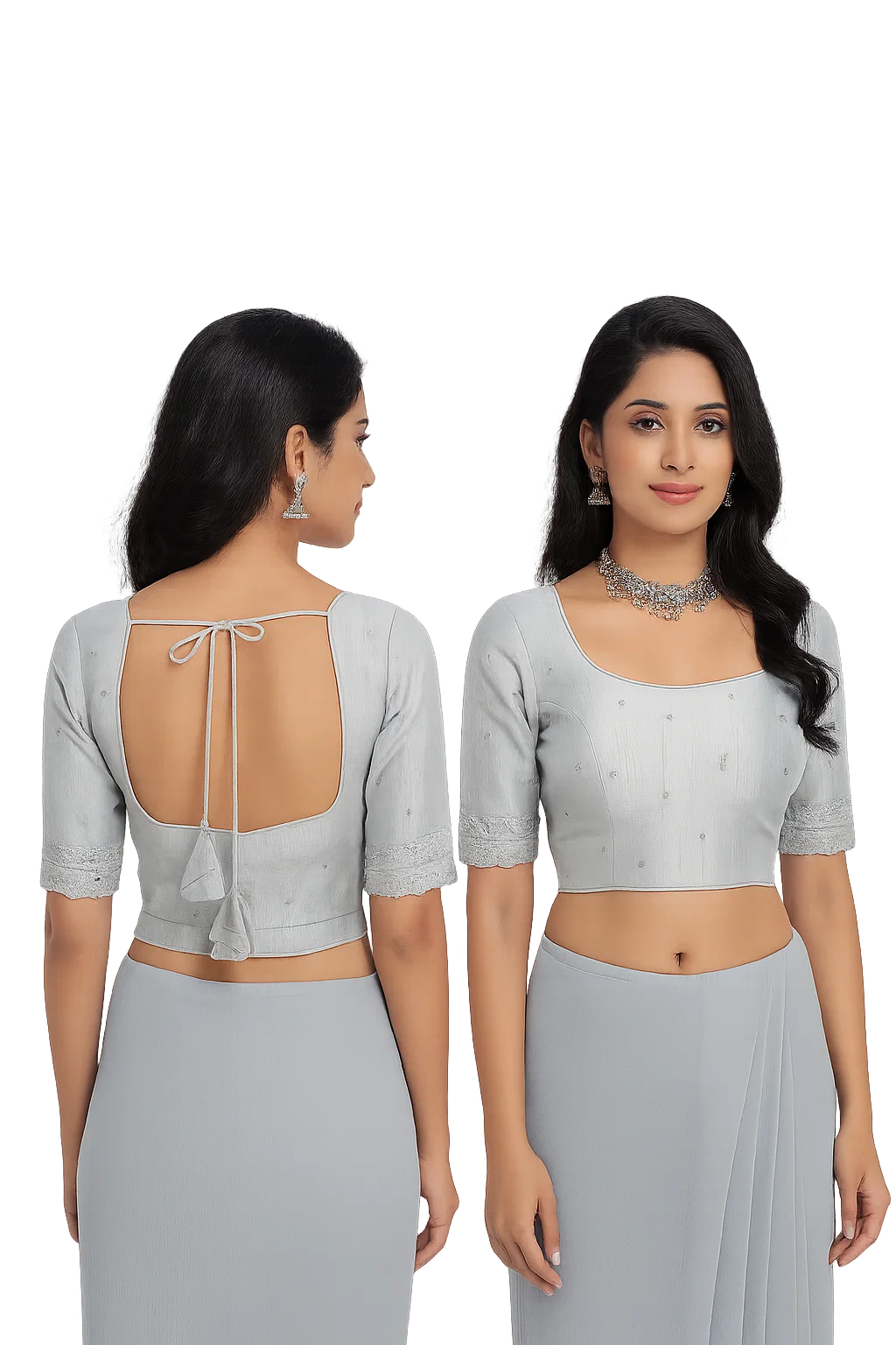 Pastel Grey Embroidered Back-Tie Designer Blouse with Half Sleeves