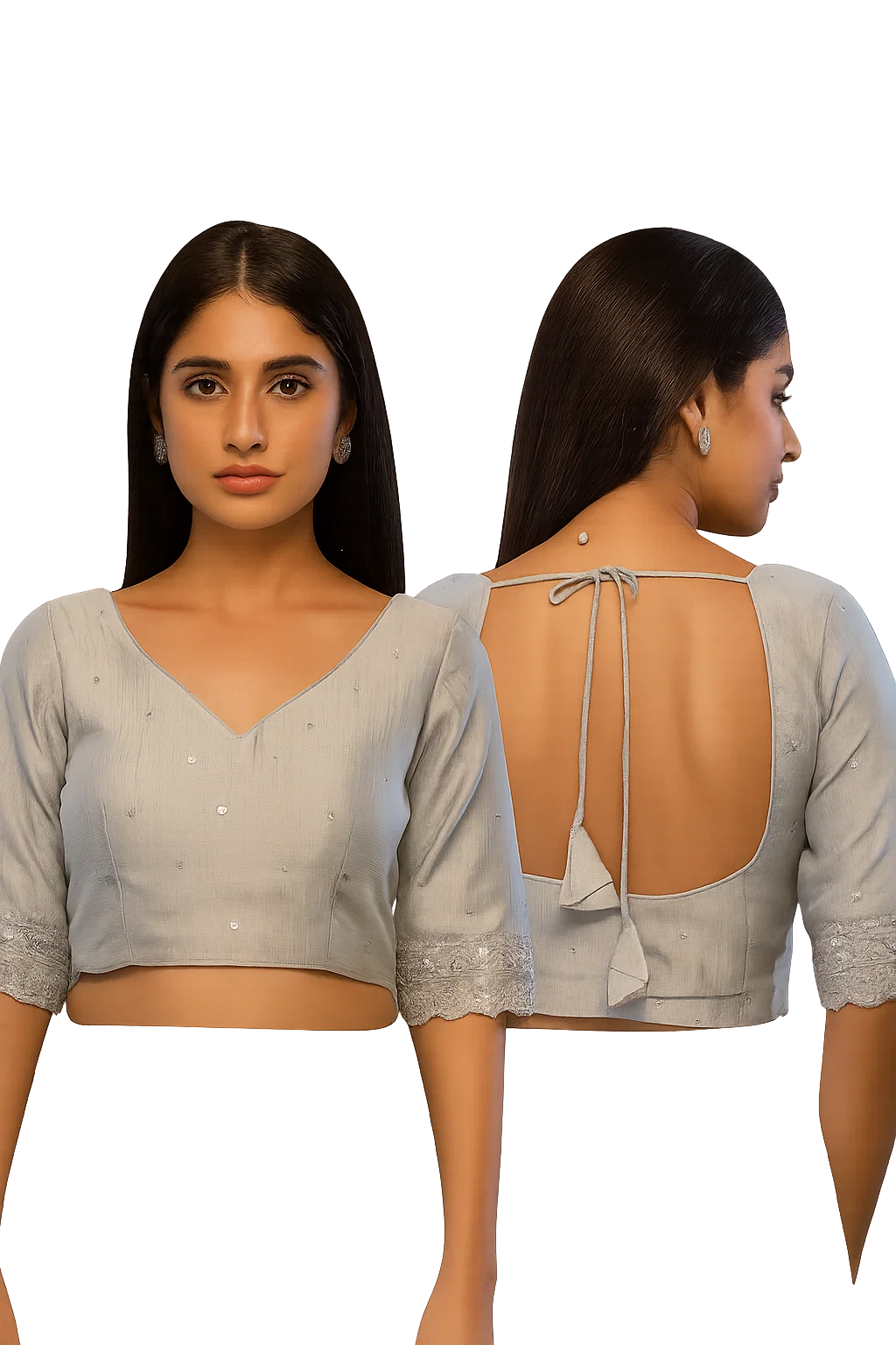 Pastel Grey Embroidered Back-Tie Designer Blouse with Half Sleeves