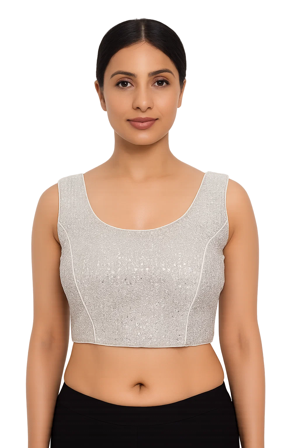 Silver Shimmer V-Neck Designer Blouse with Deep Back & Tassel Tie-Up