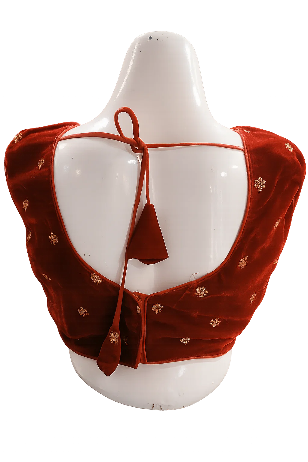 Rust Red Velvet Embroidered Designer Blouse with Back Tie-Up