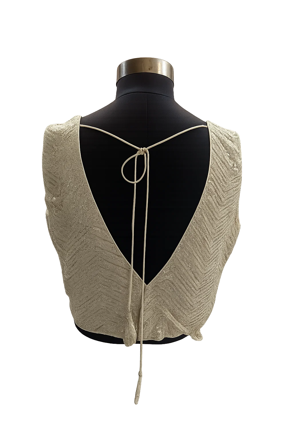 Champagne Gold Textured V-Neck Designer Blouse with Deep Back