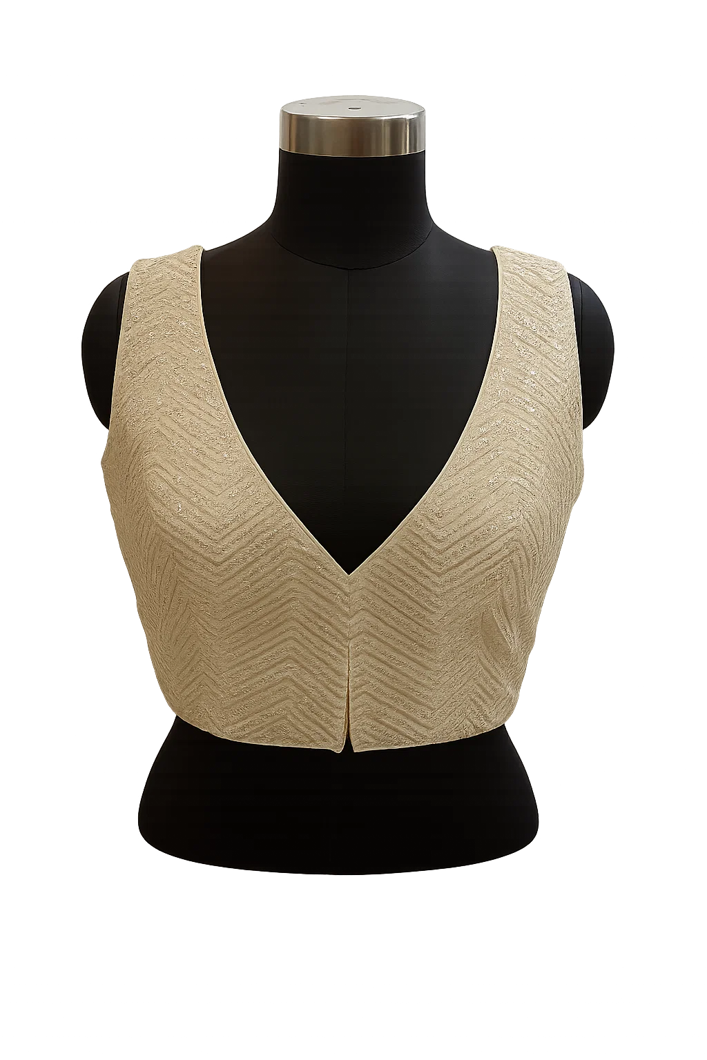 Champagne Gold Textured V-Neck Designer Blouse with Deep Back