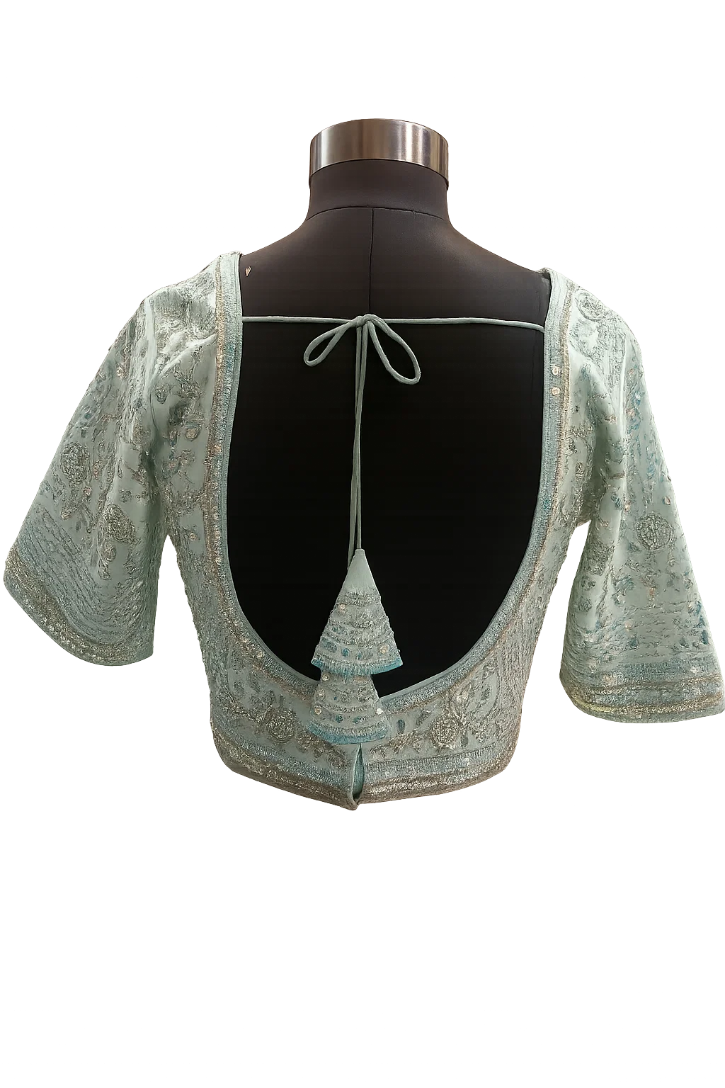 Pastel Blue Heavy Embroidered Designer Blouse with Back Tie-Up & Half Sleeves
