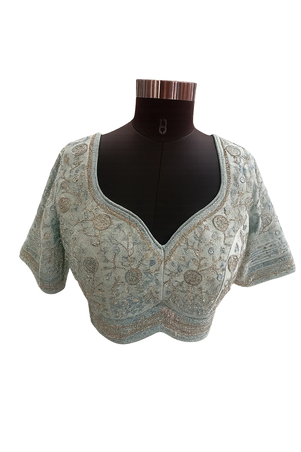 Pastel Blue Heavy Embroidered Designer Blouse with Back Tie-Up & Half Sleeves