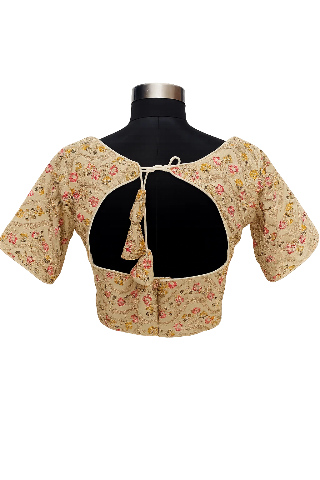 Beige Multi-Thread Embroidered Designer Blouse with Double Dori Back & Half Sleeves