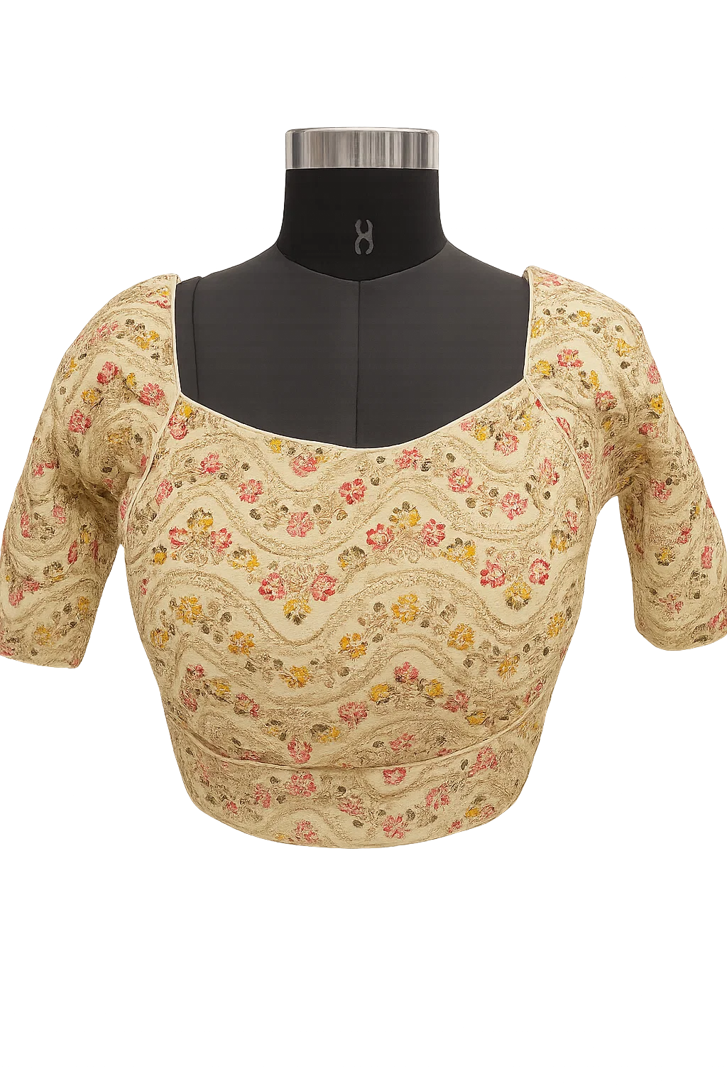 Beige Multi-Thread Embroidered Designer Blouse with Double Dori Back & Half Sleeves