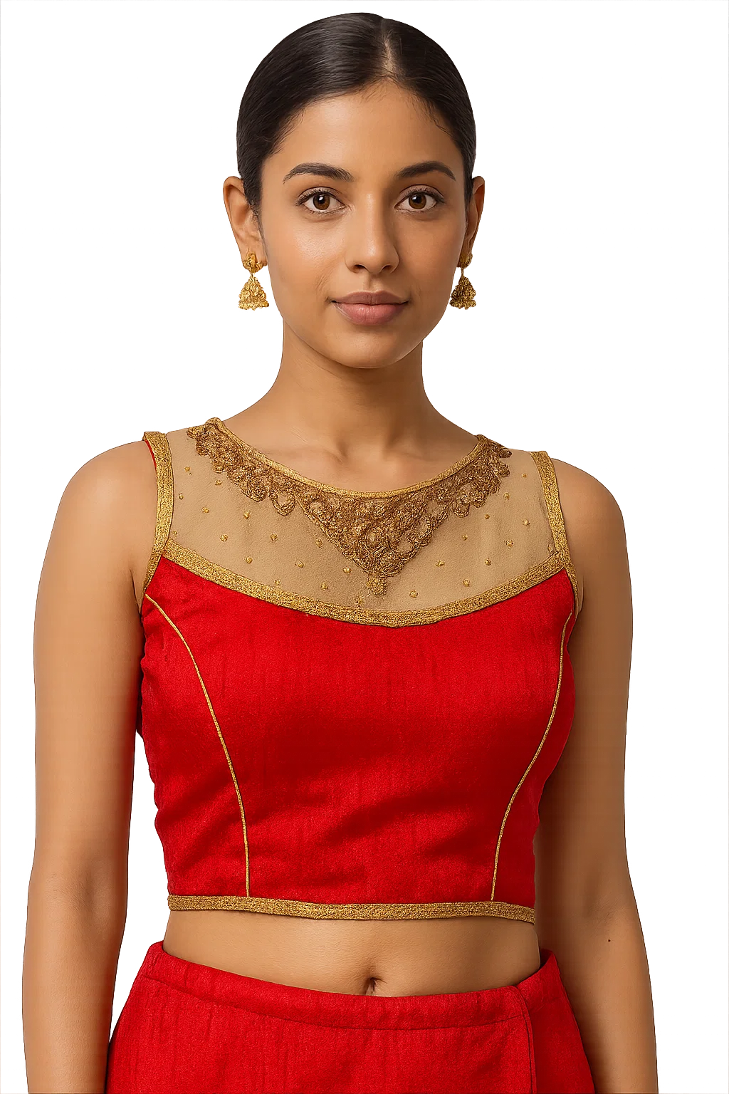 Red & Gold Traditional Back-Tie Designer Blouse with Sleeveless Net Shoulders