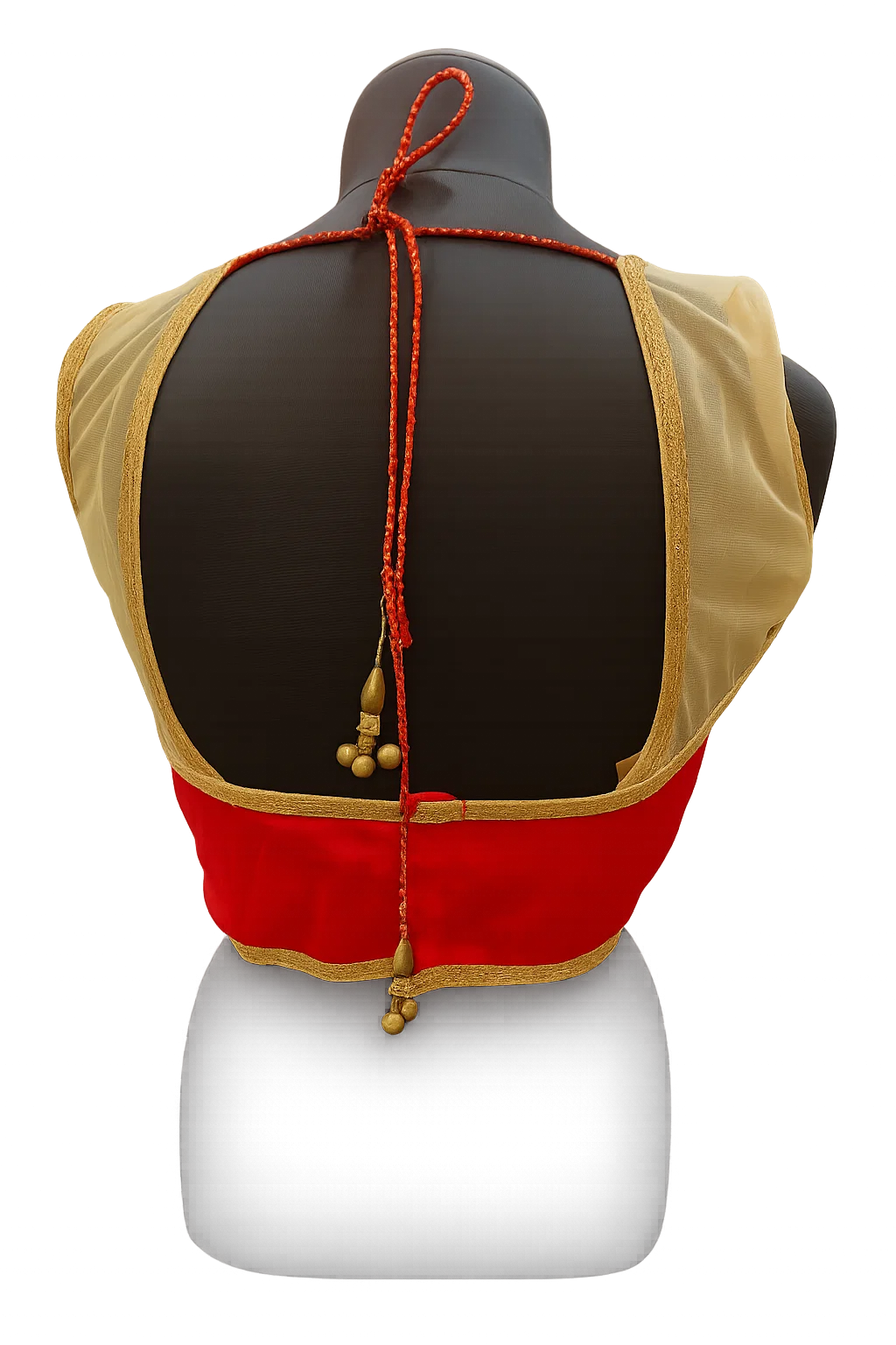 Red & Gold Traditional Back-Tie Designer Blouse with Sleeveless Net Shoulders