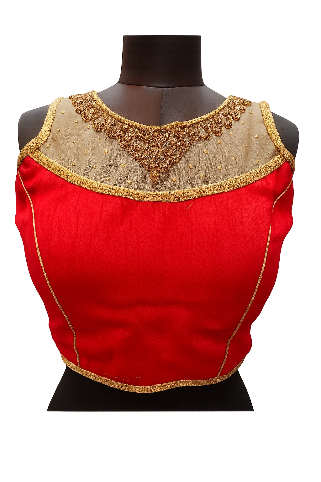 Red & Gold Traditional Back-Tie Designer Blouse with Sleeveless Net Shoulders