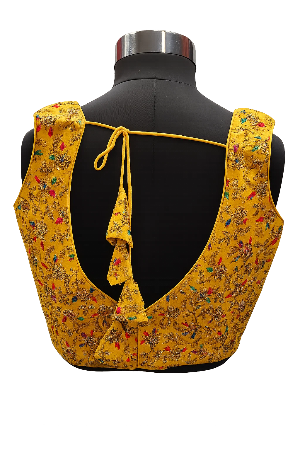 Mustard Yellow Multi-Thread Embroidered Sleeveless V-Neck Blouse