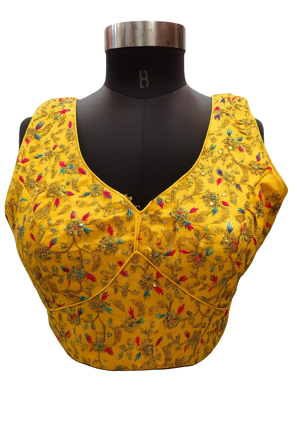 Mustard Yellow Multi-Thread Embroidered Sleeveless V-Neck Blouse