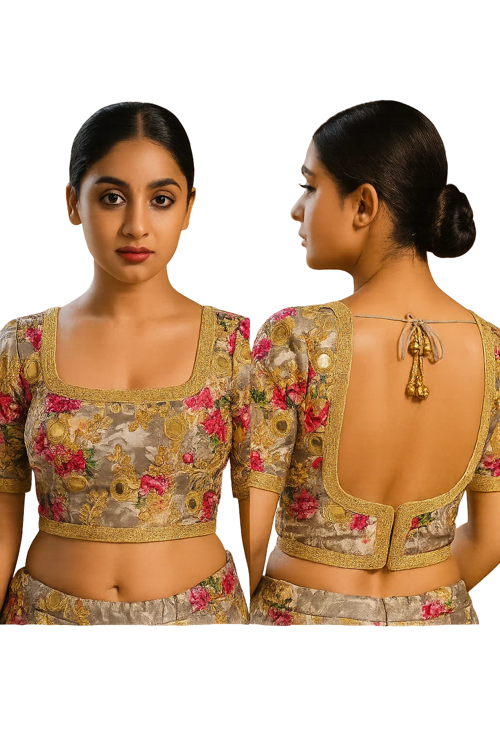 Gold Grey Floral Zari Embroidered Blouse with Deep Square Back & Dori Tassels