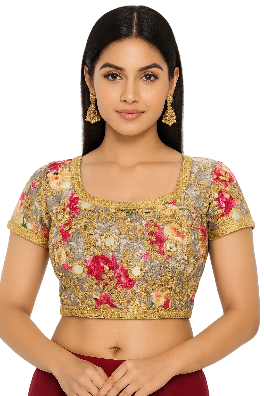 Gold Grey Floral Zari Embroidered Blouse with Deep Square Back & Dori Tassels