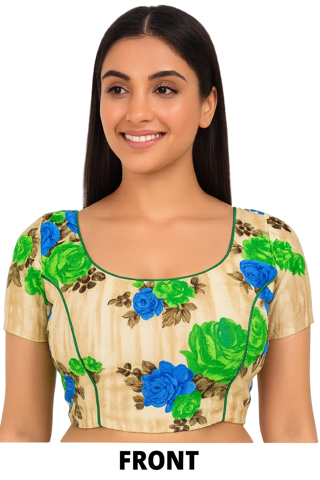 Cream Floral Printed Deep U-Back Blouse with Green Piping & Dori Tassels