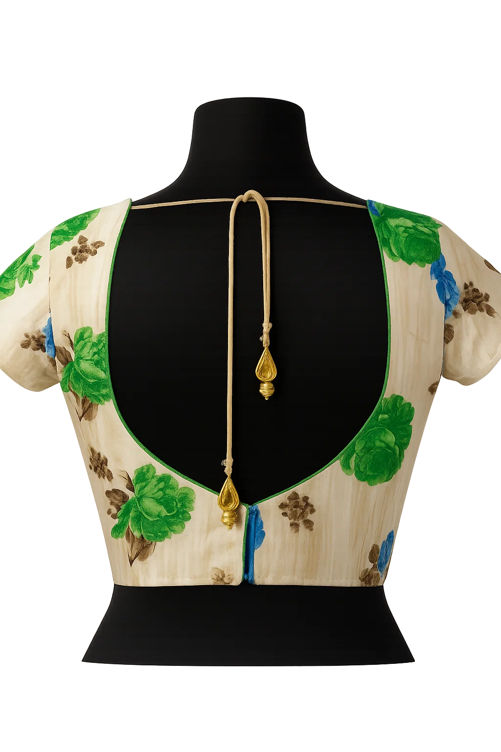Cream Floral Printed Deep U-Back Blouse with Green Piping & Dori Tassels