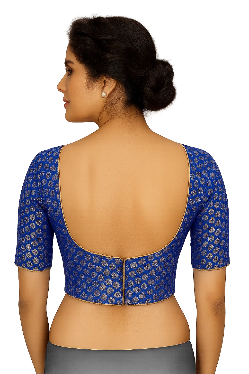 Royal Blue Banarasi Brocade Deep U-Back Blouse with Elbow Sleeves