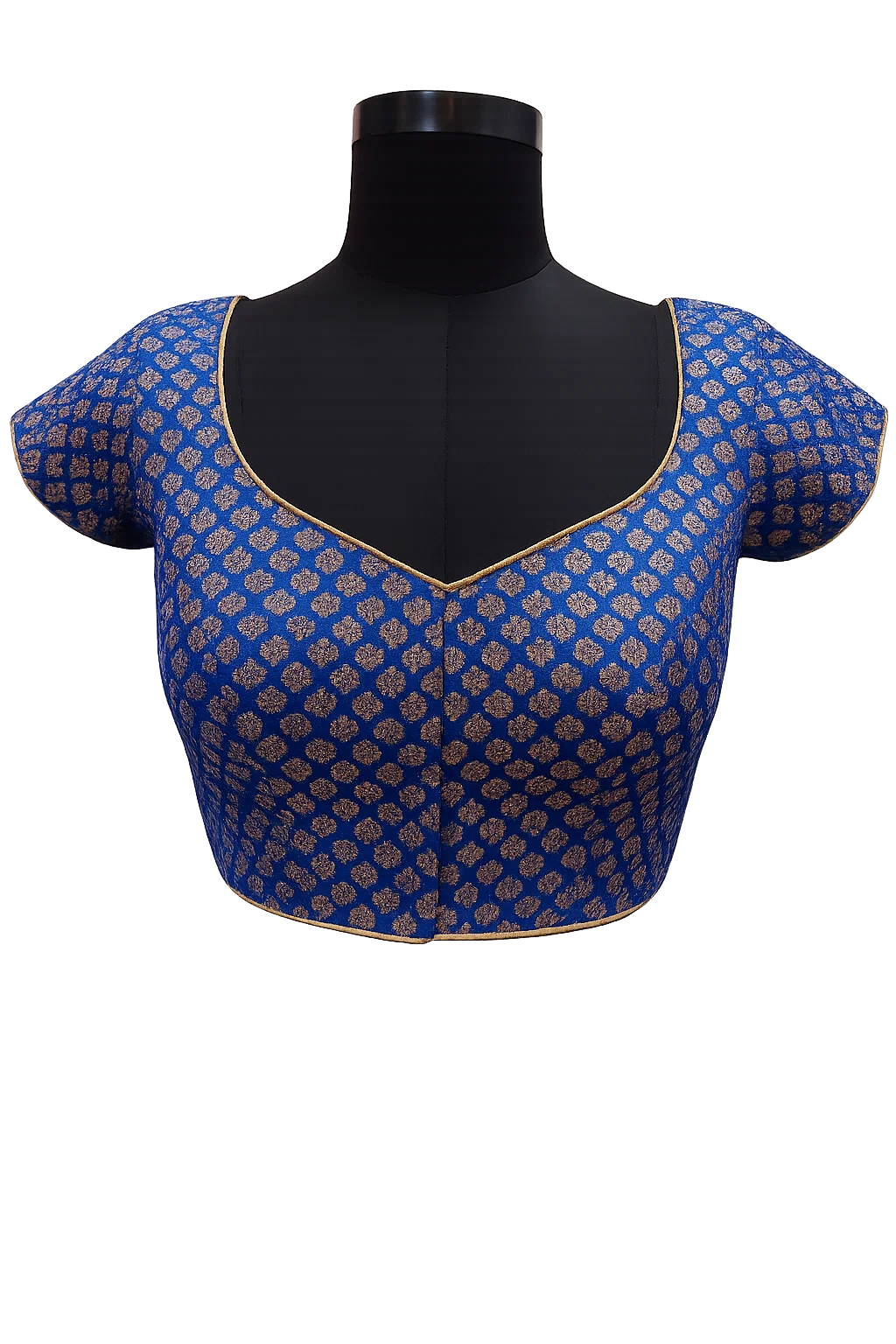 Royal Blue Banarasi Brocade Deep U-Back Blouse with Elbow Sleeves