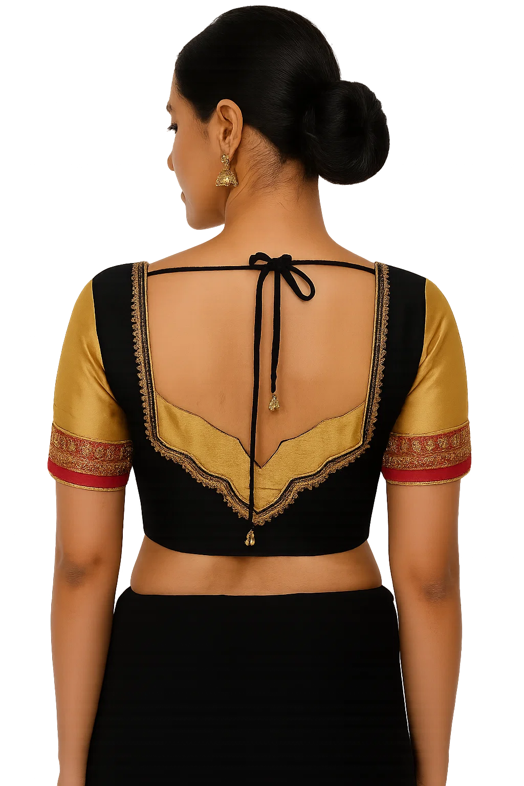 Black & Gold Silk Designer Blouse with V-Back Cut and Zari Work Sleeves