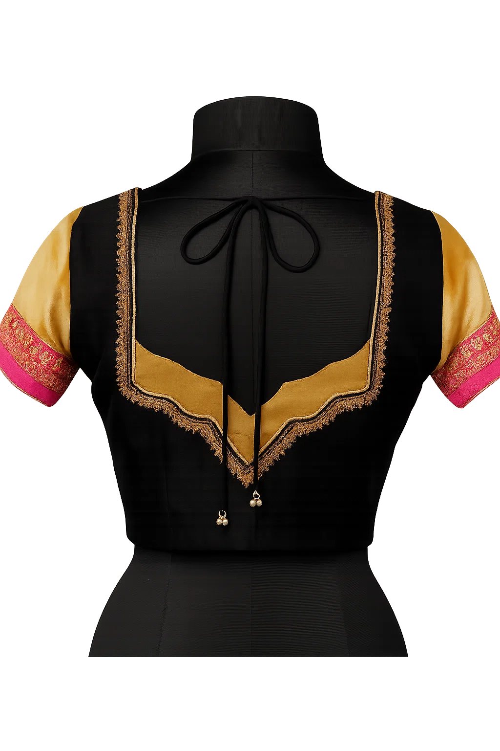 Black & Gold Silk Designer Blouse with V-Back Cut and Zari Work Sleeves