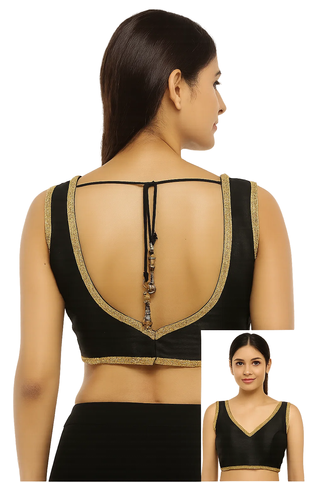 Black Silk V-Neck Blouse with Golden Border & Deep Back Dori Design
