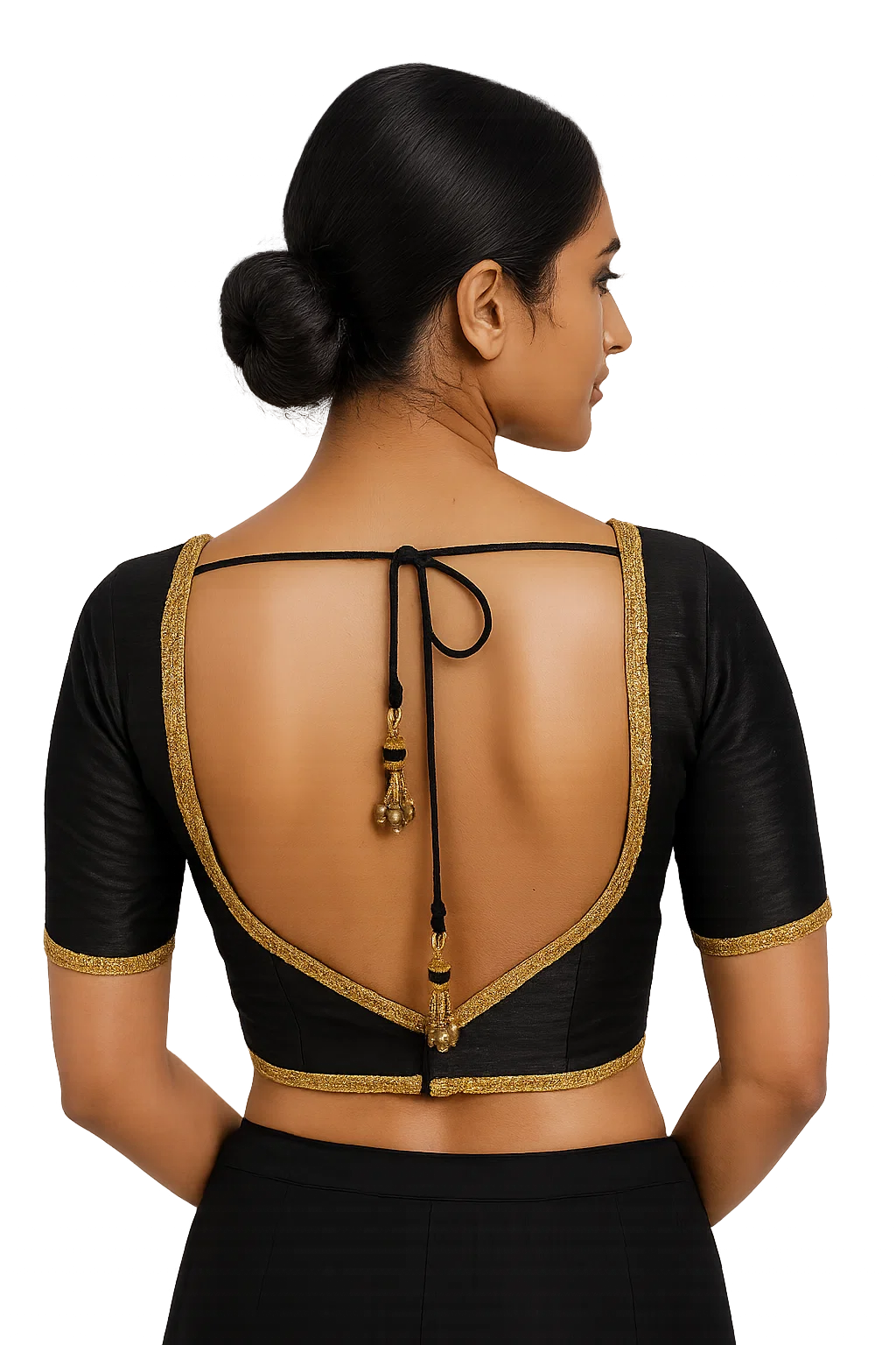 Black Silk V-Neck Blouse with Golden Border & Deep Back Dori Design