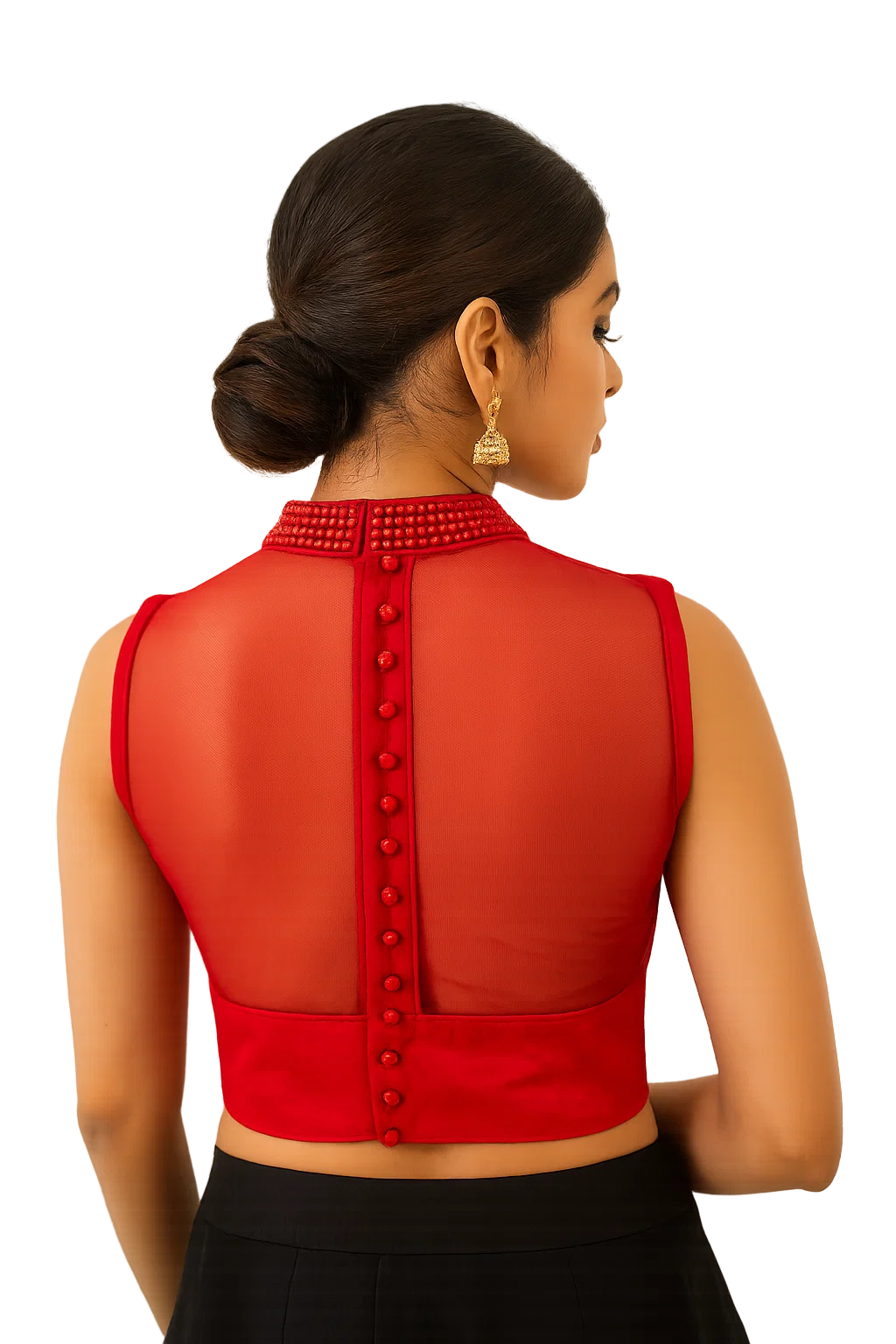 Red High-Neck Sheer Back Designer Blouse with Button Detailing – Party & Cocktail Wear