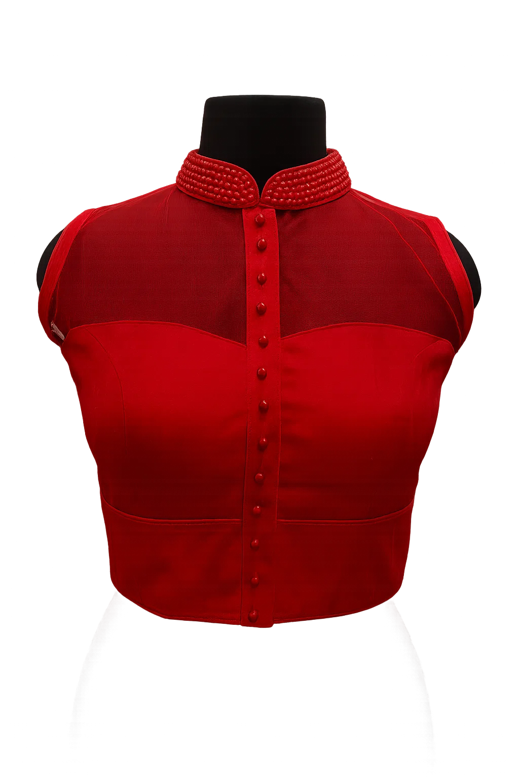 Red High-Neck Sheer Back Designer Blouse with Button Detailing – Party & Cocktail Wear
