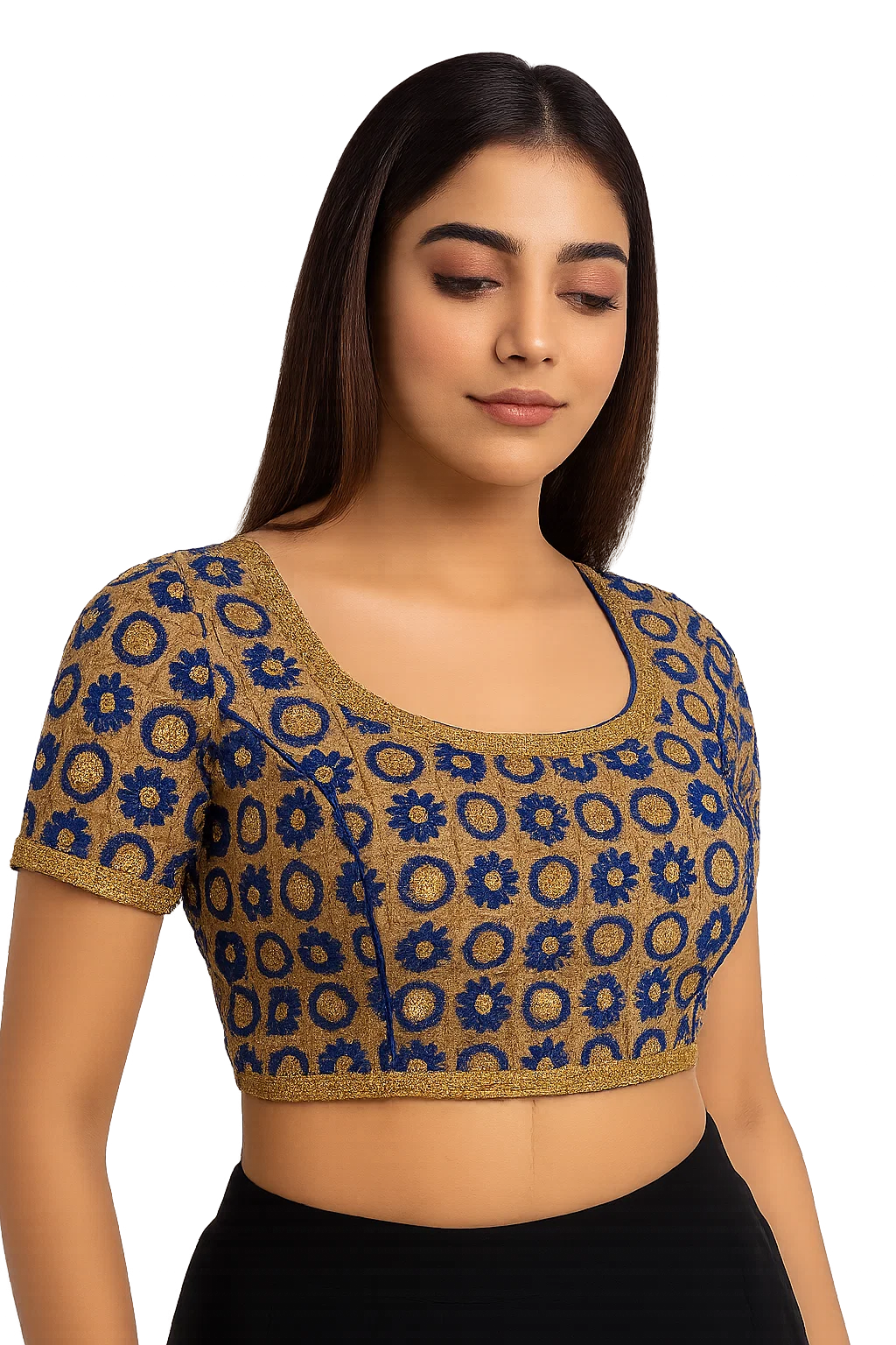 Gold & Royal Blue Embroidered Brocade Blouse – Short Sleeve Festive Saree Blouse