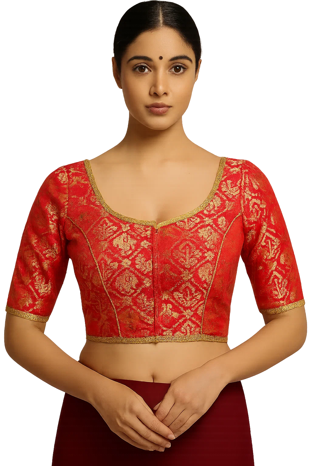Red & Gold Banarasi Brocade Back-Tie Blouse – Half Sleeve Traditional Saree Blouse