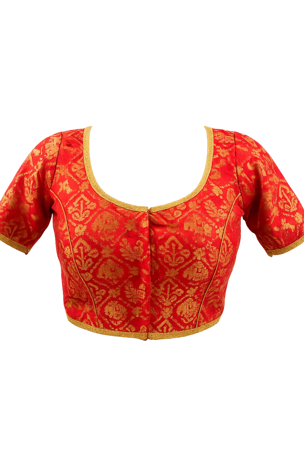 Red & Gold Banarasi Brocade Back-Tie Blouse – Half Sleeve Traditional Saree Blouse