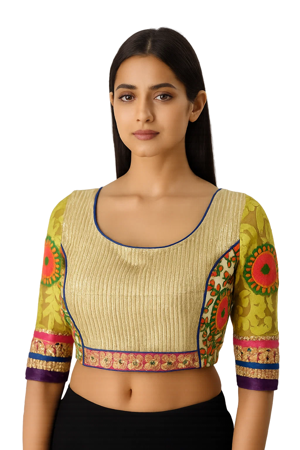 Multicolor Embroidered Festive Designer Blouse with Yellow Lace Sleeves