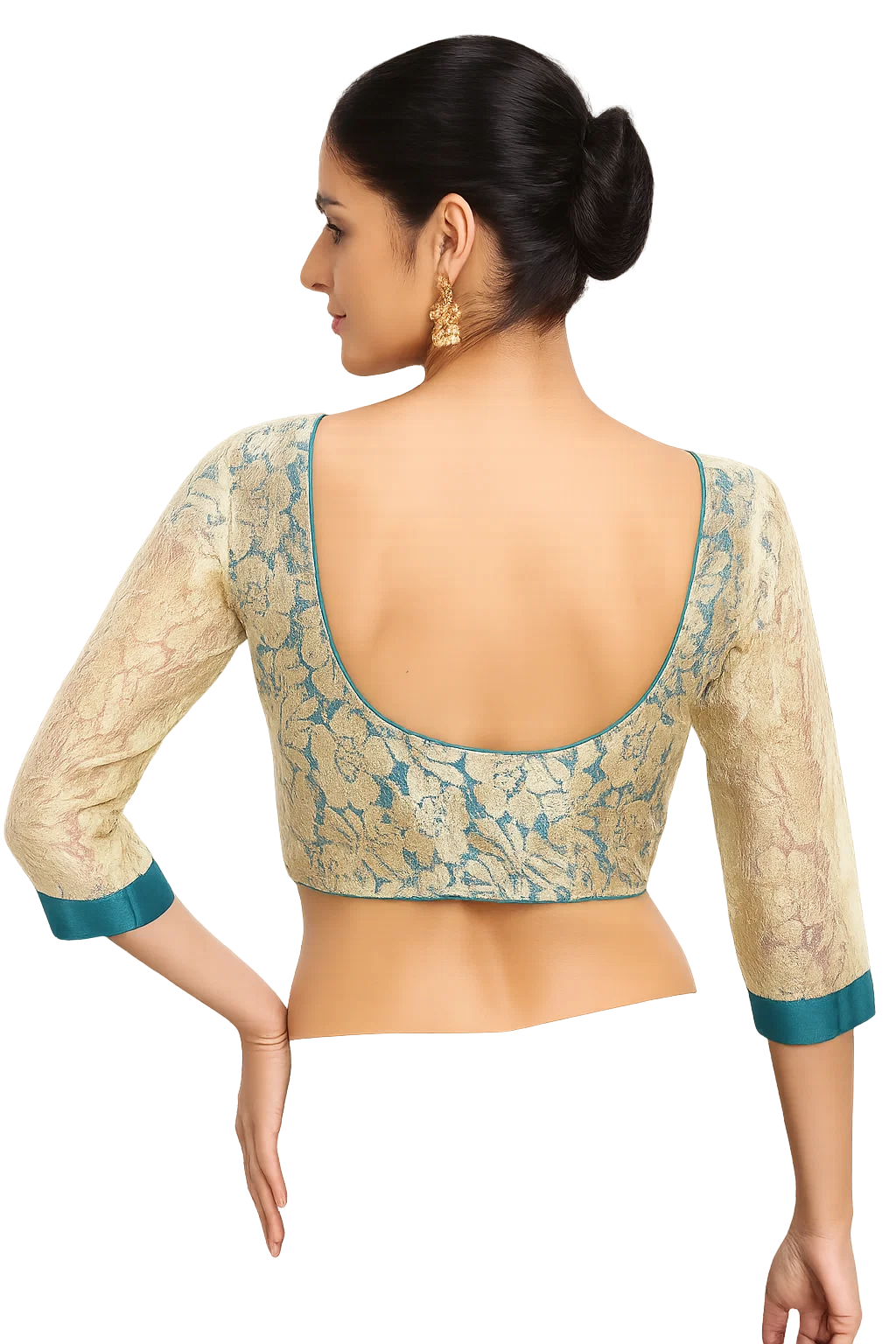 Ivory & Teal Brocade Silk Designer Blouse with Floral Zari Weave and 3/4th Sleeves