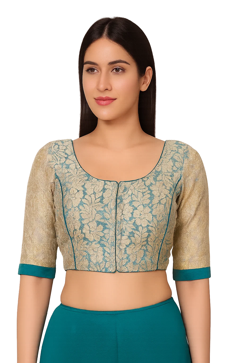 Ivory & Teal Brocade Silk Designer Blouse with Floral Zari Weave and 3/4th Sleeves
